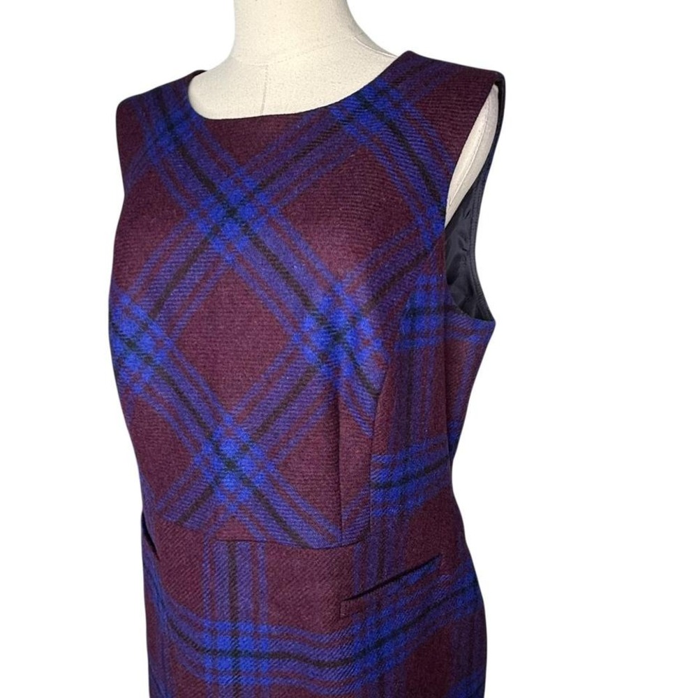 Hobbs London Plaid Wool Sheath Dress Burgundy Blue Knee Length Sleeveless sz 12 - Picture 3 of 9